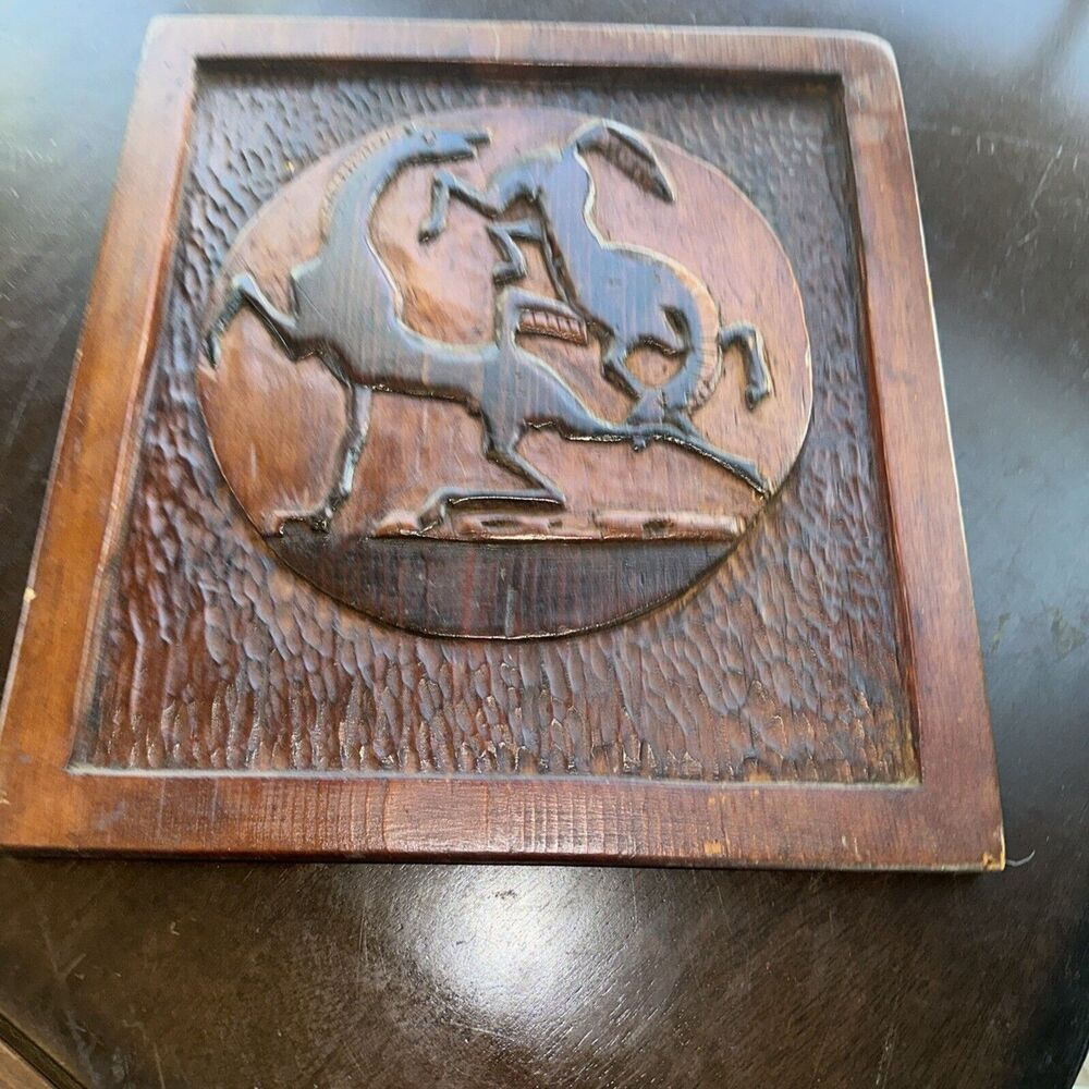 Carved Wooden Picture Two Horses Bucking Western Rodeo Rustic Cowboy